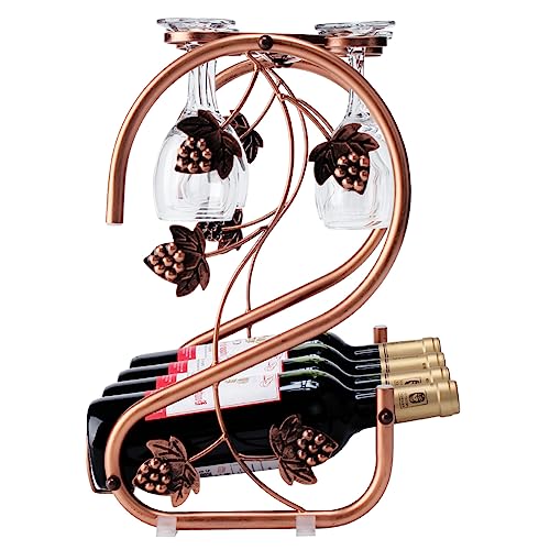 GAHOSG Countertop Wine Rack with Glass Holder Freestanding Tabletop Metal Wine Rack Storage, Holds 4 Bottles and 6 Stemware