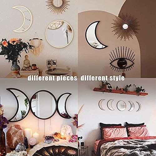 MAXROCK Moon Phase Mirror Set, 5 Piece Scandinavian Natural Decor Wall Decorative Acrylic Mirror Bohemian Moon Mirror for Living Room Bedroom, Ho