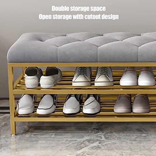 Metal Entrance Shoe Rack,Large Capacity Luxury Upholstered Shoe Storage Bench with Velvet Seat,Modern Shoe Bench for Hallway Accent Furniture-Gre