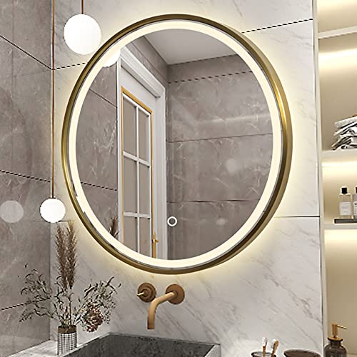 SkiPdr Bathroom mirror With Lights, LED Illuminated Bathroom Vanity Mirror, Metal Framed HD Round Wall Mirror, Size : 60cm 50cm(2 (Golden(white L