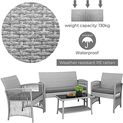 DLOETT 4pcs Garden Furniture Outdoor Garden Lounge Set with Cushions Glass Table Garden Patio Rattan Sofa Set