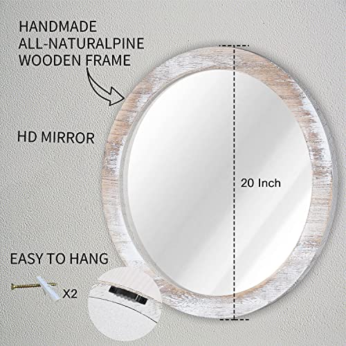 JJUUYOU Rustic Circle Wall Mirror 50CM for Home Decor Rustic White Round Mirror for Bathroom Wall decor Wood Frame Mirror for Living Room, Bedroo