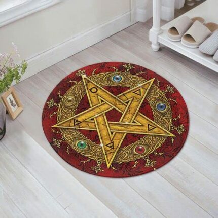 YETTA YANG Wicca Wiccan Gold Star Pentagram Fun Indoor and Outdoor Door Round Mat Welcome Mat Non-Slip Home Decoration Mat Housewarming Gift 23.6