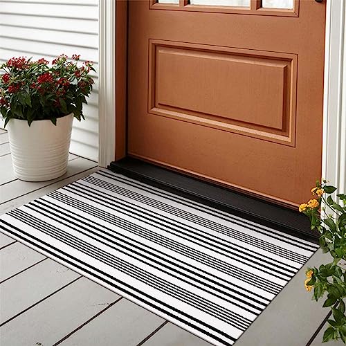 LEEVAN Black and White Striped Door Mat 24'' x 35'' Washable Hand-Woven Front Door Rug, Reversible Front Door Mats Outdoor Farmhouse Striped Laye