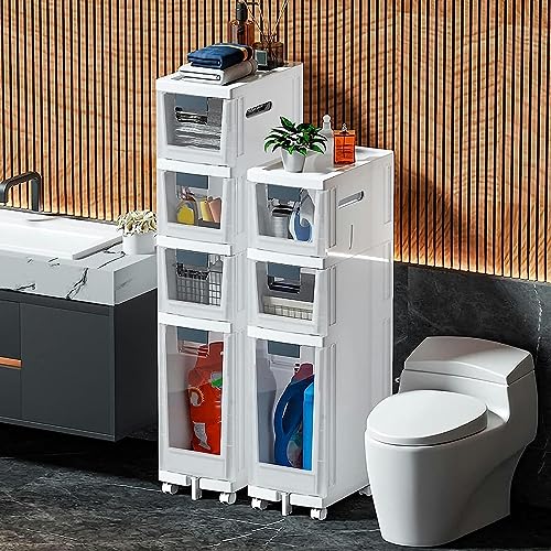 OPSREY Bathroom Floor Cabinet with Drawers Narrow Tall Floor Storage Drawer Cart with Clear Storage Drawers and Casters Large Capacity Slim Toile