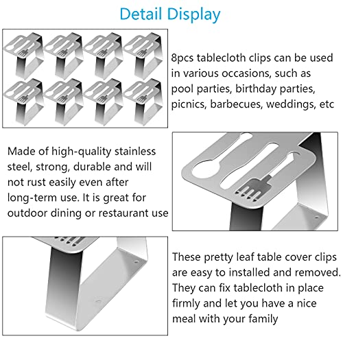 LAMEK 8pcs Decorative Tablecloth Clips Stainless Steel Table Cloth Clamp Thickened Tables Cover Clamps Holder Metal Tablecloth Clip for Home Picn