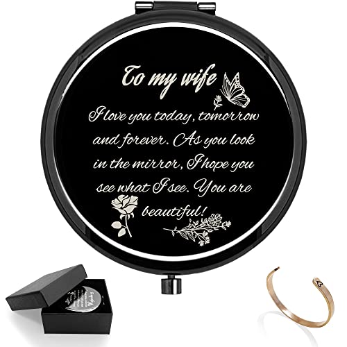 Kwtzkuo Gifts for Wife - I Love You Gift Compact Mirror with Bracelet - Romantic Gifts for Her Birthday, Anniversary, Valentines, Mother's Day (B