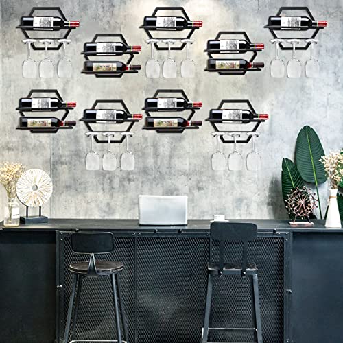 Giyiprpi 2Pcs Wall Mounted Wine Bottle Stemware Rack, Metal Hanging Wine Display Holder with 3 Stemware Glass Organizer, Red Wine Racks for Home