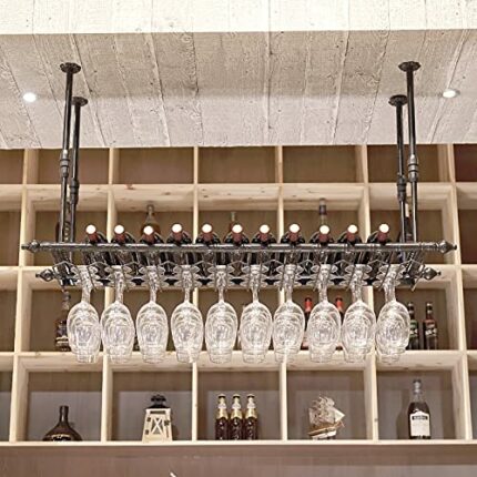 ULAINE Ceiling Wine Racks, Adjustable Height, Metal Wine Holder Stemware Goblets, Wine Bottle Holder, Wine Glass Shelf, Suitable For Bars, Kitche