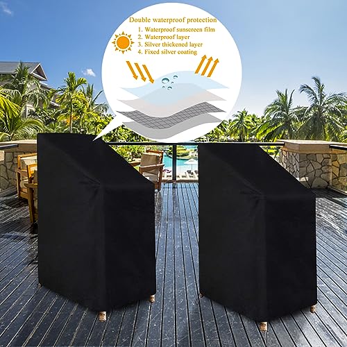 Ruucy 2PCS Garden Chair Covers Waterproof for Outdoor, Windproof Anti-UV Patio Stacking Chair Covers with Fixed Cord, Upgraded 210D Oxford Garden
