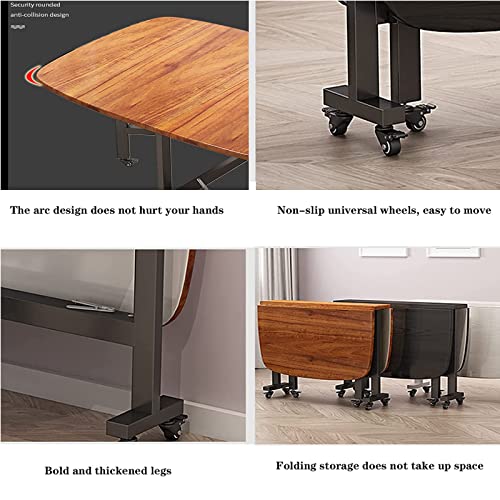 DISHENGZHEN Folding Dining Table, Drop Leaf Foldable Table, Wood Extendable Table Dining with 6 Wheels, Saving Space, Round Edge Design, Moveable