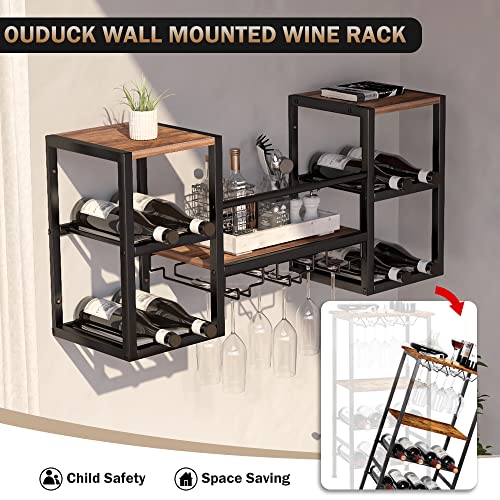 OUDUCK Wall Mounted Wine Rack with 3 Stemware Rack, Industrial Hanging Wine Rack Storage Display Shelf for Small Bar, Dining Room and Kitchen