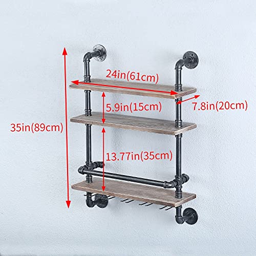 Industrial Pipe Shelf Wine Rack Wall Mounted with 5 Stem Glass Holder,24in Real Wood Shelves Kitchen Wall Shelf Unit,3-Tiers Rustic Floating Bar