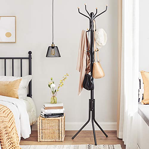 SONGMICS Metal Coat Rack, Clothes Stand, Hat Handbag Hanger, 182 cm Tall Hall Tree, Black RCR19B