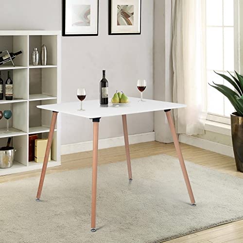 FurniutreR Square 31.5 Inch Modern Side, White with Beech Round Wood Leg for Home Kitchen Room Dining Table