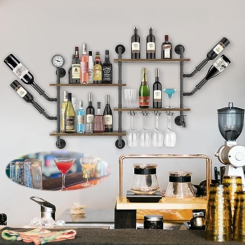 lukar 4 Tier Wall Wine Rack with 4 Stem Glass Holder, Hanging Industrial Pipe Shelving Wine Rack Wall Mounted, Floating Bar Liquor Shelves