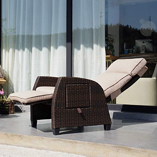 Grand patio Recliner PE Wicker, Adjustable Position Height Armchair with Flip Table and Cushion, Aluminum Frame, Lounge Chair for Indoor, Outdoor