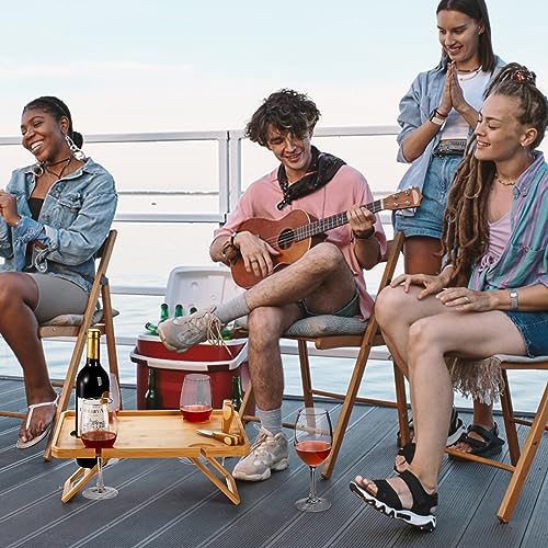 Kingrol Bamboo Wine Picnic Table with Wine Bottle, Glass and Cheese Knife Holder - Park, Camping, Beach, Outdoor Snack and Cheese Tray, Wine Love