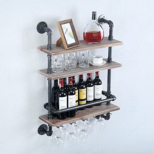 Industrial Pipe Shelf Wine Rack Wall Mounted with 5 Stem Glass Holder,24in Real Wood Shelves Kitchen Wall Shelf Unit,3-Tiers Rustic Floating Bar