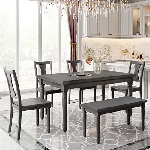 WALNUT 6 Piece Classic Dining Table 1 Wooden Table + 4 Chairs + 1 Kitchen Dining Bench Grey