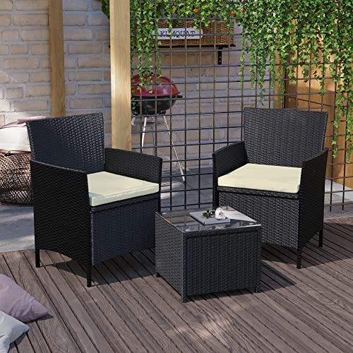 Garden Vida Bali 2 Seater 1 Square Table Rattan Set With Cushions Outdoor Garden Patio Furniture 3Pcs (Black)