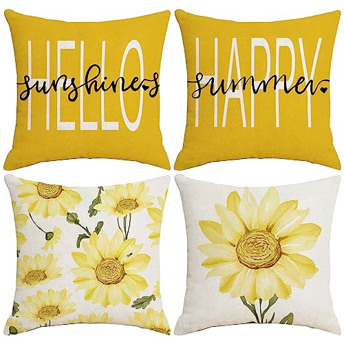 Cushion Covers 45 x 45cm, Yellow Sunflower Cushion Covers Included Sets 4, Outdoor Cushion Covers, Linen Throw Pillow Cover for Garden Sofa Chair