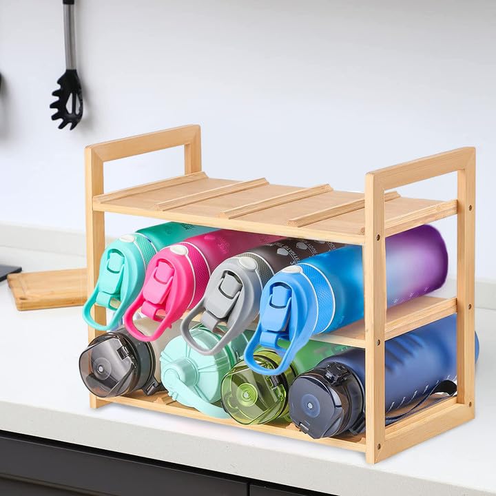 Meegoo Sturdy Water Bottle Organizer, 12 Freestanding Bamboo Water Bottle Holder Rack, Sturdy Water Cup Stand Storage for Cabinet Kitchen Counter