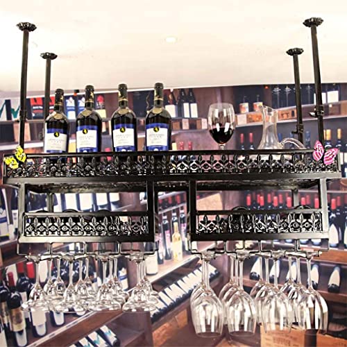 SUCHETA Wine Rack Wall-Mounted Adjustable Iron Ceiling Decoration Frame Industrial Hanging Wine Holder Wine Glass Rack Vintage Wine Bottle Holder