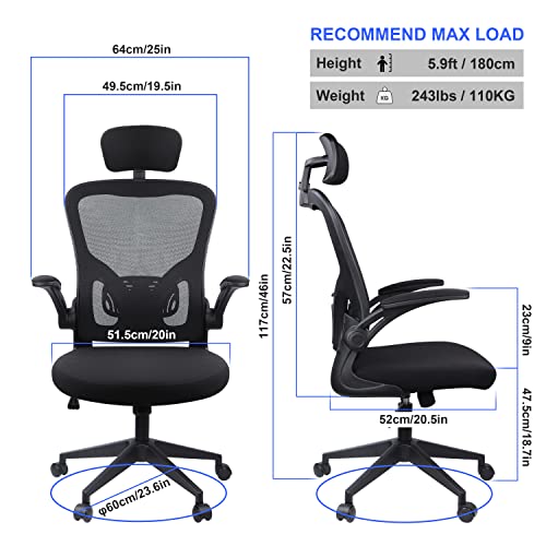 JAJALUYA Office Chair Mesh Computer Chair with Adjustable Headrest and Lumbar Support Desk Chair Ergonomic Office Chair with Flip-up Armrest for