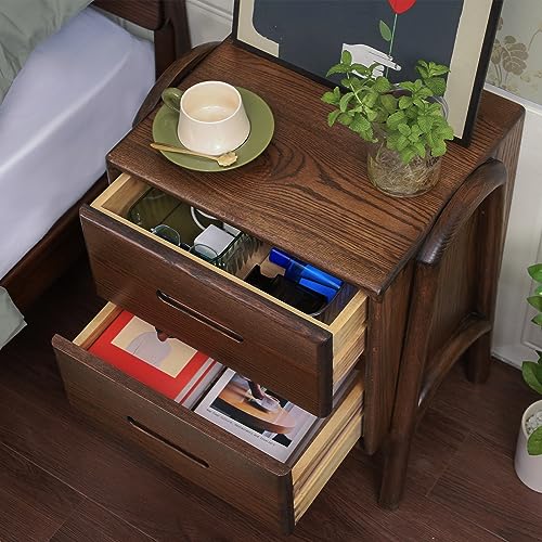 OOKSEN Nightstand, Mid Century Modern Nightstand, Solid Wood Bedside Table with 2 Drawer, Small Night Stand for Bedroom Living Room, Walnut