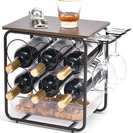 APEXCHASER Wine Rack,6 Bottles Free Standing Wine Holder with Storage Drawer,Wooden Countertop with 4 Glasses Rack, Wine Bottle Holder for Bar,Wi