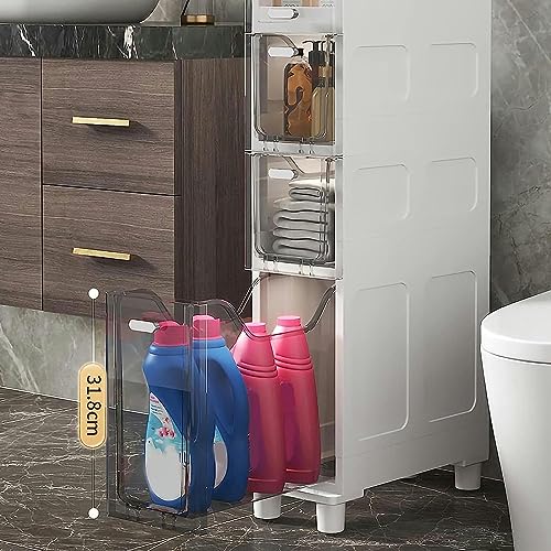 Narrow Bathroom Floor Cabinet, Slim Toilet Storage Cabinet Storage Tower with Clear Drawers and Casters, Sturdy Narrow Dresser Tower for Bathroom