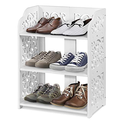 SOULONG 3 Tier Composite Wood Plastic Shoe Rack Storage Organiser White Openwork for Shoes 40 x 23 x 51 cm, White