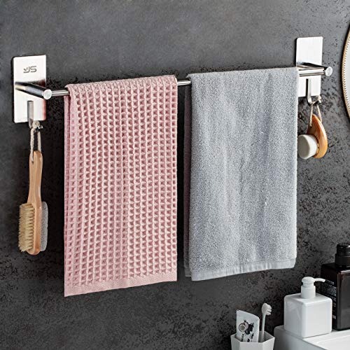 JS Towel Rail Wall Mounted SUS304 Stainless Steel Towel Holder Self Adhesive with 2 Hooks Stick on Towel Rack for Bathroom Shower Kitchen