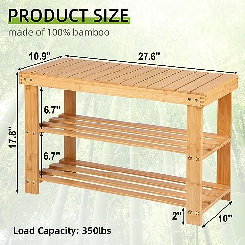 Moyilife Bamboo Shoe Rack Bench, 3 Tier Shoes Storage Bench for Entryway Living Room Bathroom Bedroom (Natural Color)