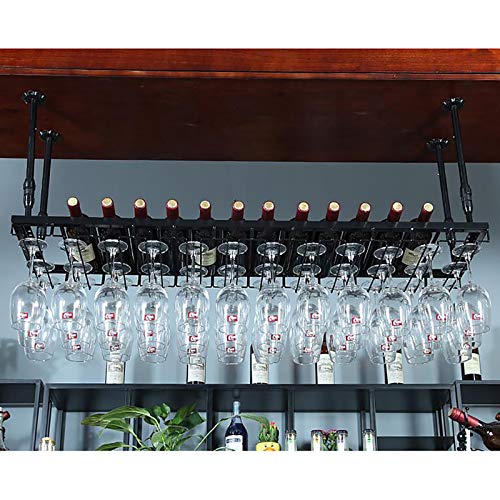 EYLINK Ceiling Wrought Iron Wine Rack, Inverted Goblet Cup Holder, Bar Restaurant Decoration Rack Display Rack, Height And Spacing Adjustable, Bl