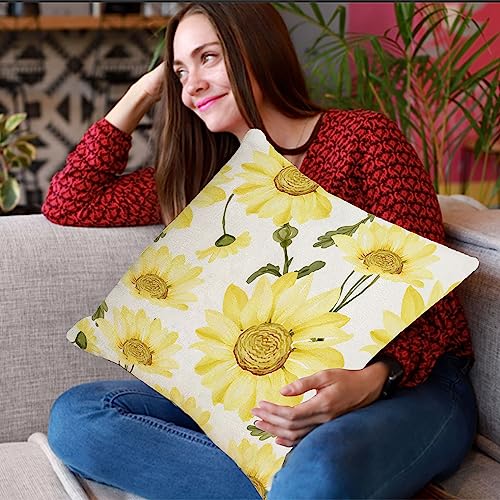 Cushion Covers 45 x 45cm, Yellow Sunflower Cushion Covers Included Sets 4, Outdoor Cushion Covers, Linen Throw Pillow Cover for Garden Sofa Chair