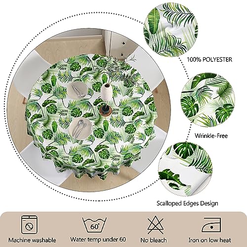 G-dake Round Tablecloth Wipeable, Hawaiian Polyester Circular Table Cloth Waterproof Wrinkle and Stain Resistant Tropical Palm Leaf Table Cover f