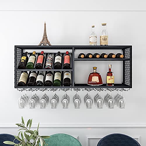 KEppd 2-Tier Floating Shelves Wall-Mounted Wine Rack, Bottles and Glass Holder, Metal Wine Storage Rack Organizer, Wine Display Shelf for Home Ki