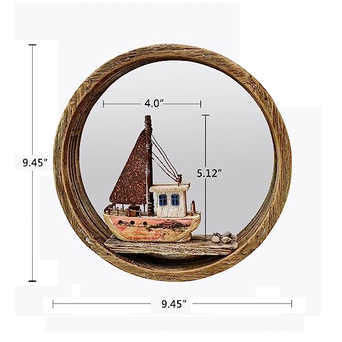 Linfevisi Round Wood Mirror Rustic Large Wall Mirrors Decor Solid Wood Frame Decorative Nautical Mirror with Sailboat Hanging Wooden Circle Mirro