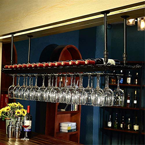 SUCHETA Hanging Wine Rack with Glass Holder and Shelf, Adjustable Height Wine Rack Ceiling Hanging Wine Glass Holder Vintage Wine Bottle Holder R