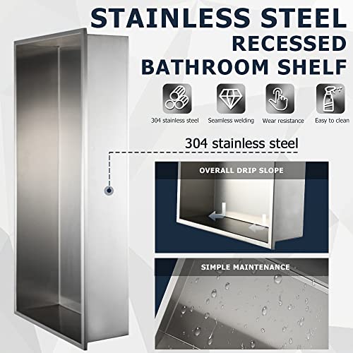 Supllueer 24"×12" Shower Niche Brushed Stainless Steel, Recessed Shower Caddy, Bathroom Shelf Insert Fits for 23"x23" Wall Hole Installation