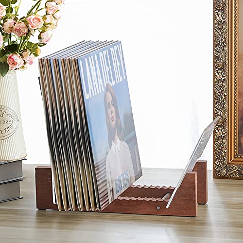 Wood Vinyl Record Storage Holder - Vinyl IP records Stand - Album Storage Organizer Display Stand Rack Holds Up to 50 Albums | DVDs | CDs - Brown