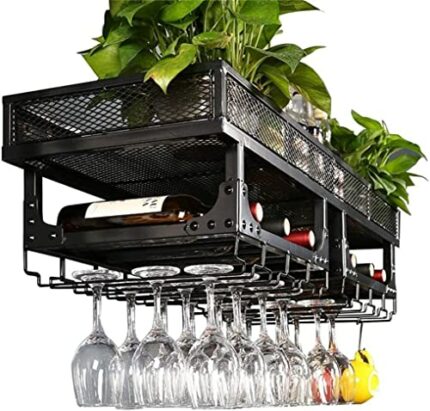 Wine Racks Wall Mount, Ceiling Mounted Hanging Wine Bottle Holder Metal Iron Black Wine Glass Rack Goblet Stemware Racks - 100cm/40inch