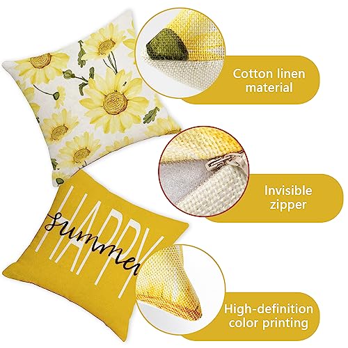 Cushion Covers 45 x 45cm, Yellow Sunflower Cushion Covers Included Sets 4, Outdoor Cushion Covers, Linen Throw Pillow Cover for Garden Sofa Chair