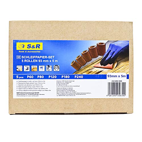 S&R Sandpaper Roll Set, 5 Rolls 93 mm x 5 m: grit 60/80/120/180/240, for wood, metal, steel, stainless steel