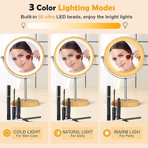 SLIMOON 8" Lighted Makeup Mirror with Bamboo Stand, 1X/10X Double Sided Magnifying Mirror with Light, 3 Colors Brightness Adjustable, 360° Cordle