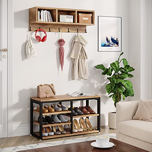 LITTLE TREE Coat Shoe Rack entryway Bench, Engineered Wood Metal, Black+Oak