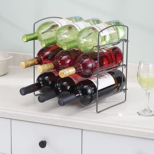 mDesign Wine Rack – Wine Bottle Rack with 3 Levels and 9 Slots – Kitchen Storage Rack for Wines, Spirits and Water Bottles – Graphite Grey