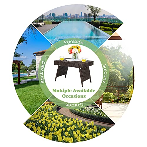 RELAX4LIFE Folding Rattan Table, Small Wicker Side End Table, Portable Bistro Coffee Table for Garden Patio Poolside (with Adjustable Foot Pads)